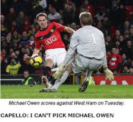 歐文進球仍難進十字軍 卡佩羅稱他更需上陣時間