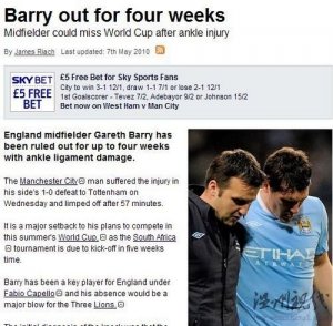 巴里傷勢確診將缺陣4周 卡帥需決定是否為他冒險