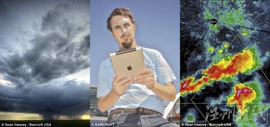 肖恩(中)利用雷達示波器軟件(右)發(fā)現(xiàn)風暴所在的位置,然后開車趕往目的地(風暴移動用紅色和橙色顯示) 肖恩(中)利用雷達示波器軟件(右)發(fā)現(xiàn)風暴所在的位置,然后開車趕往目的地(風暴移動用紅色和橙色顯示)