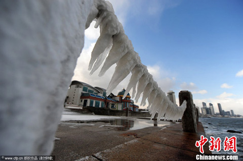 山東煙臺海濱出現(xiàn)冰凌美景