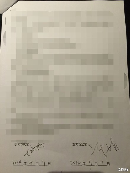 陳赫與許婧離婚協(xié)議書照片曝光