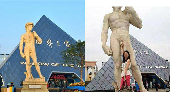 雕像遭女游客咸豬手