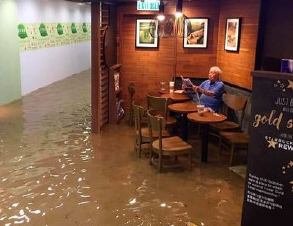 老伯臺風中看報紙