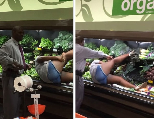 美國超市驚現女子泡“蔬菜浴” 疑似嗑藥發瘋