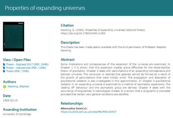 霍金公開博士論文