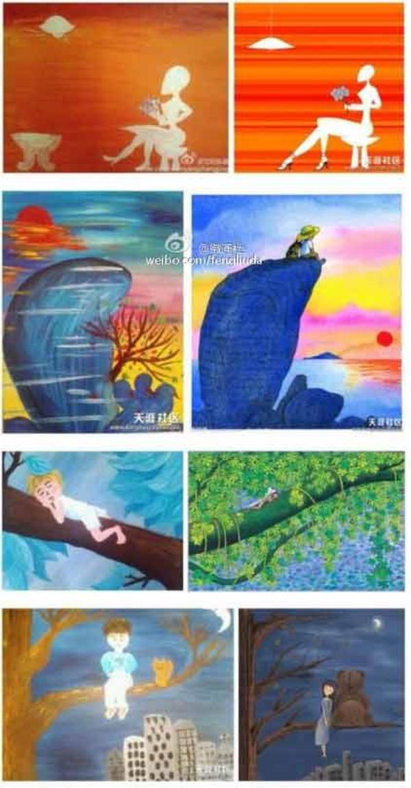 夏俊峰兒子畫作和漫畫家幾米的作品對照