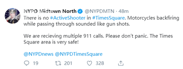 美國(guó)時(shí)代廣場(chǎng)萬人奔逃 原來只是摩托車排氣聲