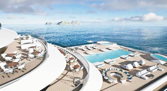 索姆尼爾號游艇建成后的構想圖，包括共享區域的多種娛樂設施。