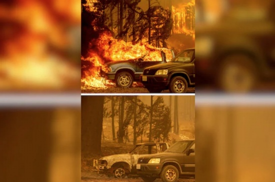 加州野火前后:照片顯示了2021年8月5日(上圖)和8月6日燒毀后的房屋(下圖)