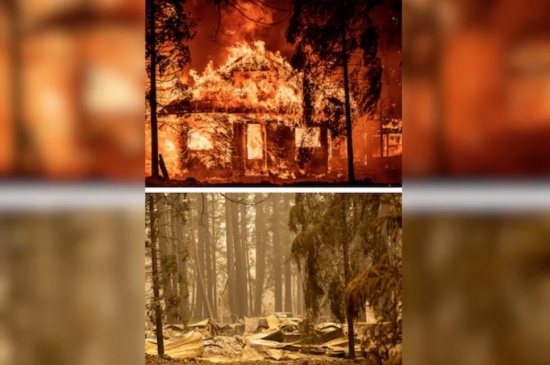 加州野火前后:照片顯示了2021年8月5日(上圖)和8月6日燒毀后的房屋(下圖)