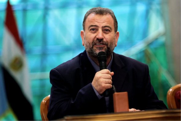 哈馬斯代表團團長薩利赫·阿魯里于2017年10月12日在埃及開羅舉行的和解協議簽署儀式上發表講話。