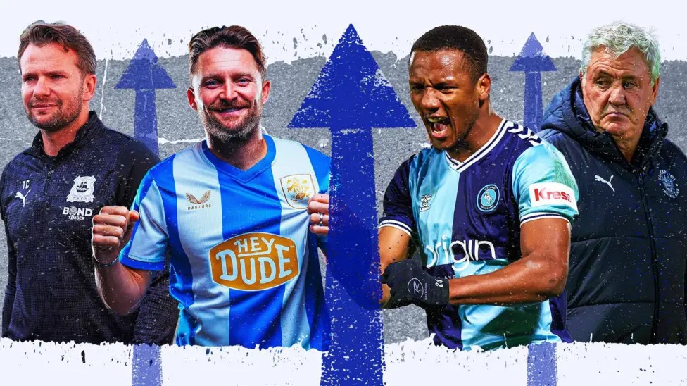 (從左到右)普利茅斯隊主教練湯姆·克萊維利、哈德斯菲爾德隊新前鋒阿爾菲·梅、維康比隊的理查德·科內和布萊克浦隊主教練史蒂夫·布魯斯